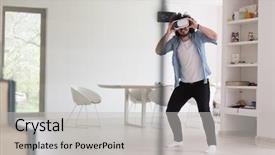  Presentation with man looking up happy - PPT theme consisting of live realities - happy man getting experience using background and a light gray colored foreground