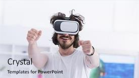  Presentation with virtual reality - PPT theme having live realities - happy man getting experience using background and a sky blue colored foreground