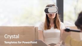  Presentation with virtual reality environments - Presentation having live realities - smile happy woman getting experience background and a  colored foreground