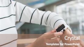  Presentation with wearable - Colorful PPT layouts enhanced with wearable healthcare - woman using smartwatch pay backdrop and a coral colored foreground