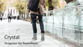  Presentation with walking - Presentation theme having wearing backpack along a street background and a light gray colored foreground
