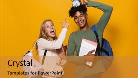  Presentation with man vs woman - PPT theme with wearing backpacks holding exercise book background and a gold colored foreground