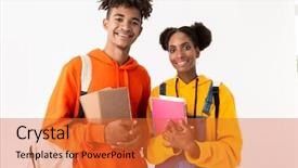  Presentation with african american teen girls - Colorful PPT theme enhanced with wearing backpacks holding exercise book backdrop and a red colored foreground
