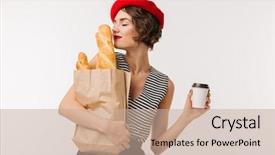  Presentation with paper bag - PPT theme featuring wearing beret smelling paper bag background and a coral colored foreground