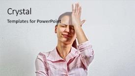  Presentation with unhappy - PPT theme with wearing blouse hitting her head background and a light gray colored foreground