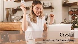  Presentation with online shopping - Presentation design consisting of wearing casual t-shirt rejoicing background and a coral colored foreground