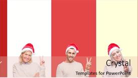  Presentation with young happy people smiling - Slides with wearing christmas hat over red background and a coral colored foreground