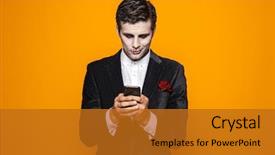  Presentation with man holding phone - Presentation theme having wearing classical suit and creepy background and a gold colored foreground