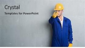  Presentation with young grey maine coon cat - Cool new slide set with wearing contractor uniform and safety backdrop and a light gray colored foreground