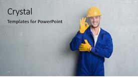  Presentation with person help sign poverty - Slide set consisting of wearing contractor uniform and safety background and a light gray colored foreground