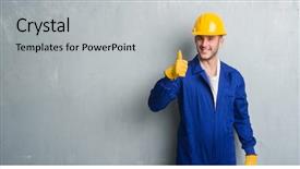  Presentation with person help sign poverty - Theme having wearing contractor uniform and safety background and a light gray colored foreground