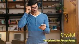  Presentation with young man on the phone - PPT layouts consisting of wearing glasses at the library background and a tawny brown colored foreground