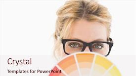  Presentation with blonde holds a magnifying glass - PPT theme consisting of wearing glasses holding colour wheel background and a lemonade colored foreground