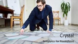  Presentation with elegant man in glasses optics - Colorful presentation design enhanced with wearing glasses laying out document backdrop and a light blue colored foreground