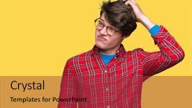  Presentation with elegant man in glasses optics - Slide set having wearing glasses over isolated background background and a  colored foreground