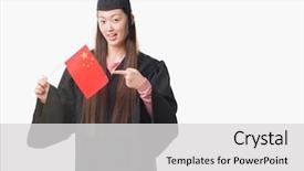  Presentation with china flag - Theme featuring young chinese woman wearing graduate uniform holding china flag very happy pointing with hand and finger background and a light gray colored foreground