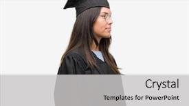  Presentation with confident young hispanic woman - Theme featuring wearing graduated cap and uniform background and a light gray colored foreground