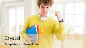  Presentation with headphones - Amazing slide set having wearing headphones and holding notebook backdrop and a yellow colored foreground