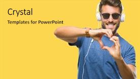  Presentation with love music - Audience pleasing PPT theme consisting of wearing headphones listening to music backdrop and a yellow colored foreground