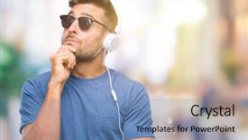  Presentation with music headphones - PPT theme having wearing headphones listening to music background and a  colored foreground