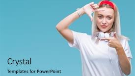  Presentation with young woman wearing boxer gloves - Slides featuring wearing headphones listening to music background and a  colored foreground