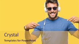  Presentation with music headphones - Amazing slides having wearing headphones listening to music backdrop and a  colored foreground