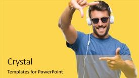  Presentation with music headphones - Beautiful slide set featuring wearing headphones listening to music backdrop and a yellow colored foreground