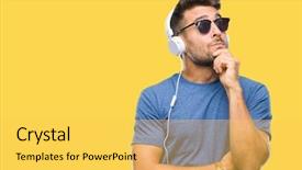  Presentation with old wite man and his music - Audience pleasing presentation theme consisting of wearing headphones listening to music backdrop and a yellow colored foreground