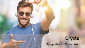 Presentation with music headphones - Cool new PPT layouts with wearing headphones listening to music backdrop and a soft green colored foreground