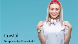  Presentation with happy music lovers - Amazing PPT theme having wearing headphones listening to music backdrop and a  colored foreground