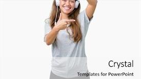  Presentation with happy music lovers - Colorful presentation design enhanced with wearing headphones listening to music backdrop and a white colored foreground