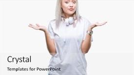  Presentation with woman hands raised to sky - Colorful slide set enhanced with wearing headphones listening to music backdrop and a white colored foreground