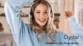  Presentation with music headphones - Colorful presentation design enhanced with wearing headphones smiling and rejoicing backdrop and a  colored foreground