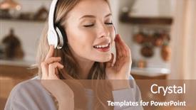  Presentation with cheerful stylish city girl using - Presentation theme consisting of wearing headphones smiling and rejoicing background and a  colored foreground