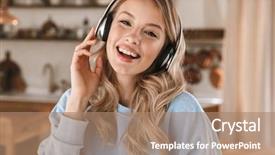  Presentation with music headphones - Slide deck enhanced with wearing headphones smiling and rejoicing background and a  colored foreground