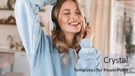  Presentation with music headphones - Slide deck having wearing headphones smiling and rejoicing background and a light blue colored foreground