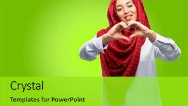  Presentation with heart hands - Amazing slide set having wearing hijab happy showing love backdrop and a yellow colored foreground