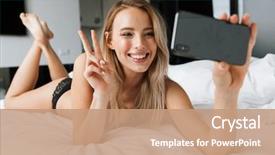  Presentation with beautiful black women smiling - PPT layouts featuring wearing lingerie laying in bed background and a coral colored foreground