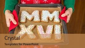  Presentation with baking cookies - PPT theme having wearing red apron holding home background and a  colored foreground