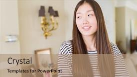  Presentation with living room - Cool new slide deck with wearing stripes sweater over living backdrop and a  colored foreground