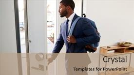  Presentation with work from hom - Presentation theme with businessman wearing suit opening door background and a coral colored foreground