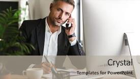  Presentation with child and adult talking - Cool new PPT layouts with wearing suit talking on cell backdrop and a light gray colored foreground