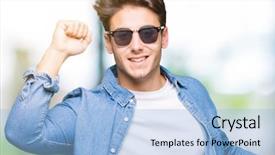  Presentation with young man wearing a hat - Beautiful theme featuring wearing sunglasses over isolated background backdrop and a  colored foreground