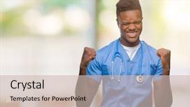  Presentation with doctor african - PPT theme with wearing surgeon uniform very happy background and a soft green colored foreground
