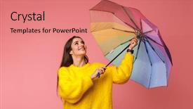  Presentation with triathlon run woman - Presentation theme enhanced with wearing sweater holding an umbrella background and a coral colored foreground