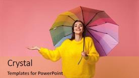  Presentation with woman outlaw - Slides featuring wearing sweater holding an umbrella background and a gold colored foreground