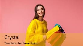  Presentation with young woman wearing boxer gloves - Colorful slides enhanced with wearing sweater holding closed umbrella backdrop and a  colored foreground