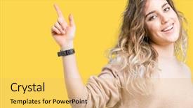  Presentation with listening woman - Beautiful slide set featuring wearing sweatershirt over isolated background backdrop and a yellow colored foreground