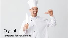  Presentation with cook chef - Audience pleasing presentation theme consisting of wearing uniform holding a knife backdrop and a white colored foreground