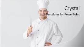  Presentation with cook chef - Amazing PPT theme having wearing uniform holding a knife backdrop and a white colored foreground